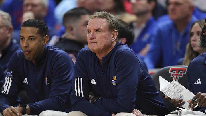 Feb 2, 2026; Lubbock, Texas, USA;  Kansas Jayhawks head coach Bill Self on the bench in the first half during the game against the Texas Tech Red Raiders at United Supermarkets Arena. Mandatory Credit: Michael C. Johnson-Imagn Images