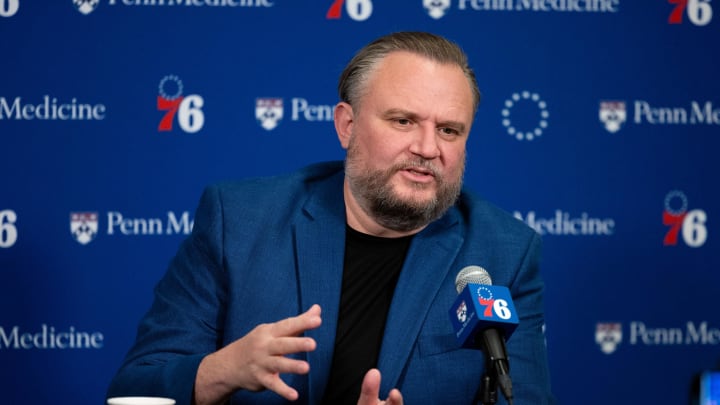 Dec 15, 2023; Philadelphia, Pennsylvania, USA; Philadelphia 76ers resident of Basketball Operations Daryl Morey speaks with the media before a game against the Detroit Pistons at Wells Fargo Center. Mandatory Credit: Bill Streicher-USA TODAY Sports