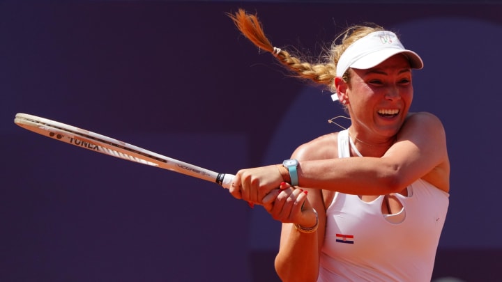 Jul 30, 2024; Paris, France; Donna Vekic (CRO) in action during her third round tennis match during the Paris 2024 Olympic Summer Games at Stade Roland Garros. Mandatory Credit: Kirby Lee-USA TODAY Sports