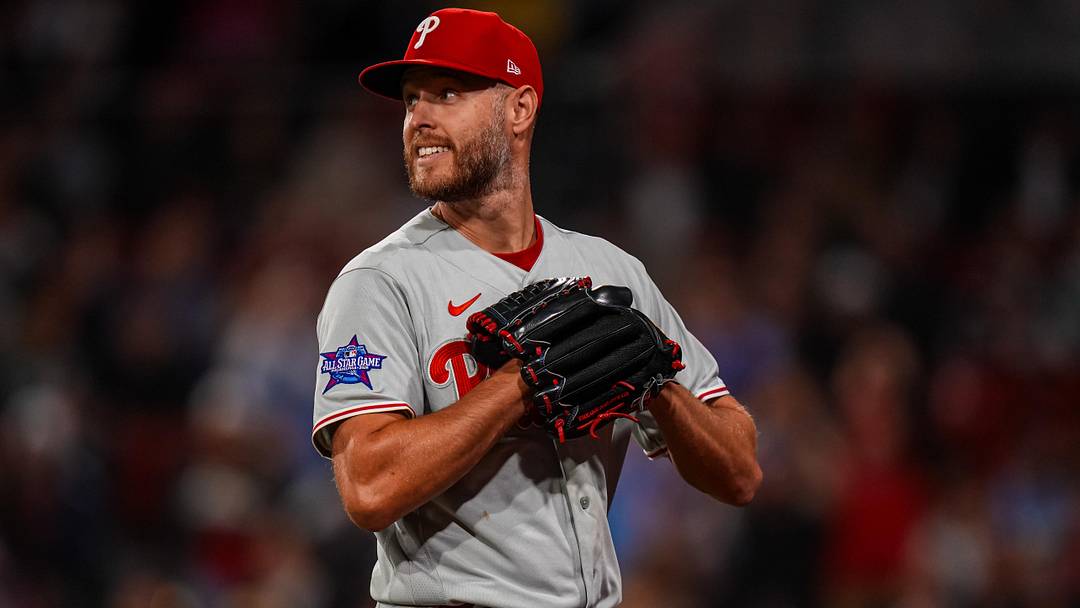 May 12, 2026; Boston, Massachusetts, USA;  Philadelphia Phillies pitcher Zack Wheeler (45) is relived against the Boston Red Sox in the eighth inning at Fenway Park. Mandatory Credit: David Butler II-Imagn Images