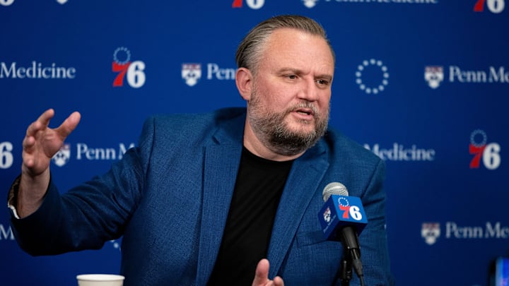 Dec 15, 2023; Philadelphia, Pennsylvania, USA; Philadelphia 76ers resident of Basketball Operations Daryl Morey speaks with the media before a game against the Detroit Pistons at Wells Fargo Center. Mandatory Credit: Bill Streicher-Imagn Images