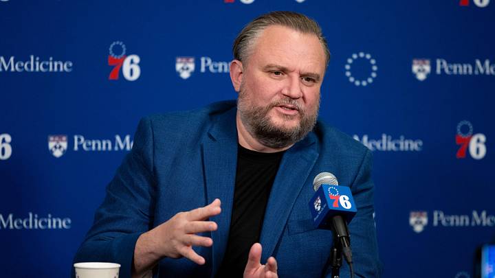 Dec 15, 2023; Philadelphia, Pennsylvania, USA; Philadelphia 76ers resident of Basketball Operations Daryl Morey speaks with the media before a game against the Detroit Pistons at Wells Fargo Center. Mandatory Credit: Bill Streicher-Imagn Images