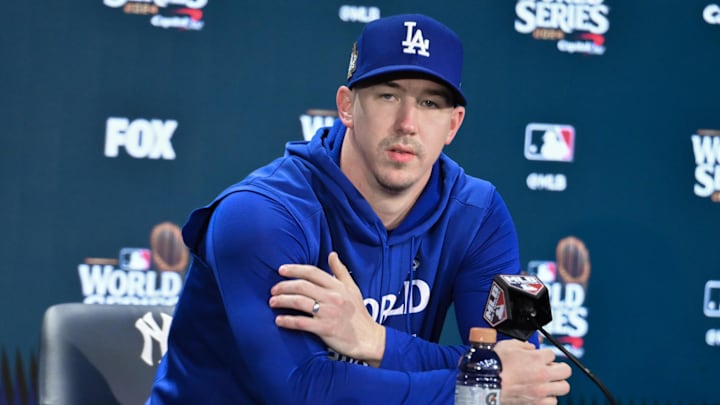 Oct 27, 2024; New York, NY, USA;Los Angeles Dodgers pitcher Walker Buehler speaks at a press conference prior to game three of the World Series against the New York Yankees at Yankees Stadium. Mandatory Credit: John Jones-Imagn Images