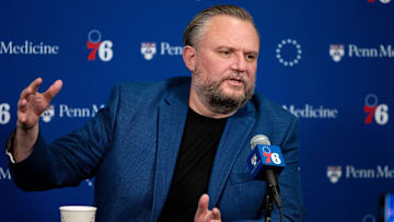 Dec 15, 2023; Philadelphia, Pennsylvania, USA; Philadelphia 76ers resident of Basketball Operations Daryl Morey speaks with the media before a game against the Detroit Pistons at Wells Fargo Center. Mandatory Credit: Bill Streicher-Imagn Images