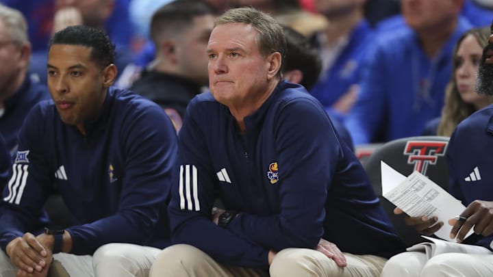 Feb 2, 2026; Lubbock, Texas, USA;  Kansas Jayhawks head coach Bill Self on the bench in the first half during the game against the Texas Tech Red Raiders at United Supermarkets Arena. Mandatory Credit: Michael C. Johnson-Imagn Images