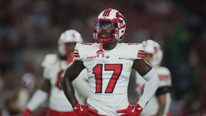 Aug 31, 2024; Tuscaloosa, Alabama, USA; Western Kentucky Hilltoppers defensive back Dave Herard (17) reacts to a call at Bryant-Denny Stadium. Mandatory Credit: Will McLelland-USA TODAY Sports