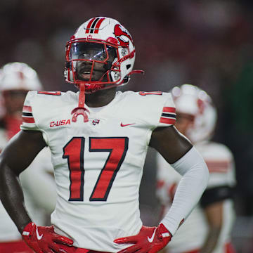 Aug 31, 2024; Tuscaloosa, Alabama, USA; Western Kentucky Hilltoppers defensive back Dave Herard (17) reacts to a call at Bryant-Denny Stadium. Mandatory Credit: Will McLelland-Imagn Images