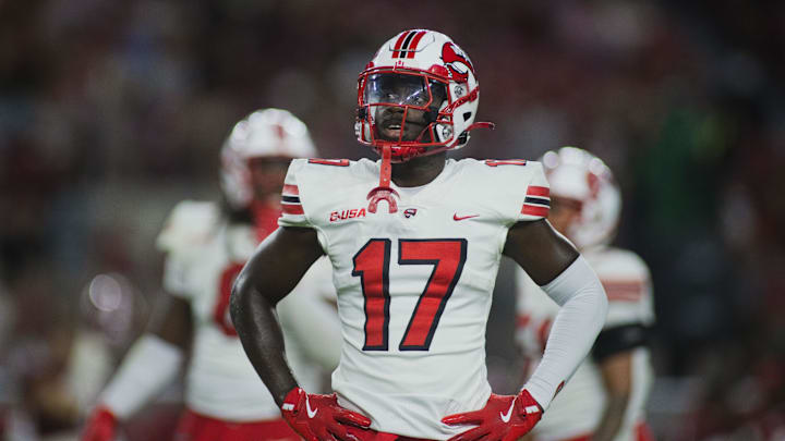 Aug 31, 2024; Tuscaloosa, Alabama, USA; Western Kentucky Hilltoppers defensive back Dave Herard (17) reacts to a call at Bryant-Denny Stadium. Mandatory Credit: Will McLelland-Imagn Images