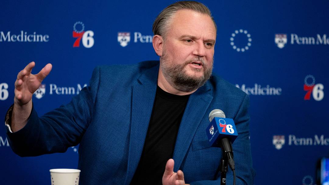 Dec 15, 2023; Philadelphia, Pennsylvania, USA; Philadelphia 76ers resident of Basketball Operations Daryl Morey speaks with the media before a game against the Detroit Pistons at Wells Fargo Center. Mandatory Credit: Bill Streicher-Imagn Images