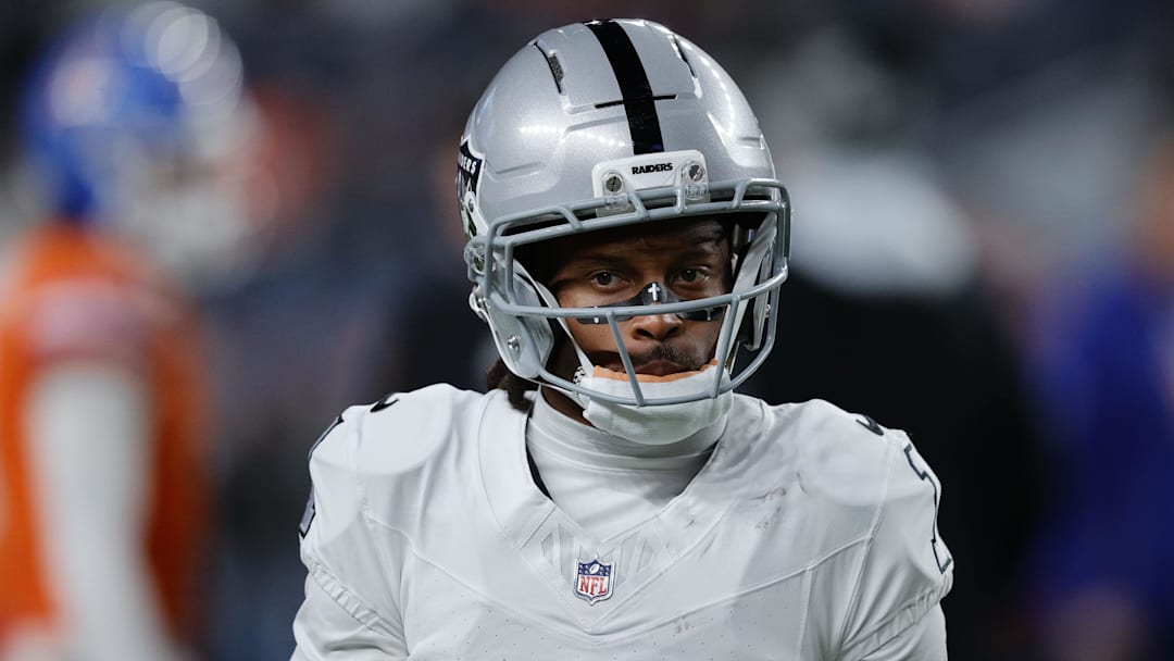 Nov 6, 2025; Denver, Colorado, USA; Las Vegas Raiders wide receiver Tre Tucker (1) before the game at Empower Field at Mile High. Mandatory Credit: Isaiah J. Downing-Imagn Images
