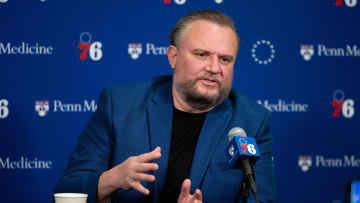 Dec 15, 2023; Philadelphia, Pennsylvania, USA; Philadelphia 76ers resident of Basketball Operations Daryl Morey speaks with the media before a game against the Detroit Pistons at Wells Fargo Center. Mandatory Credit: Bill Streicher-USA TODAY Sports