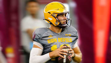Arizona State quarterback Sam Leavitt (10) passes during a practice inside the Verde Dickey Dome in Tempe on August 12, 2025.