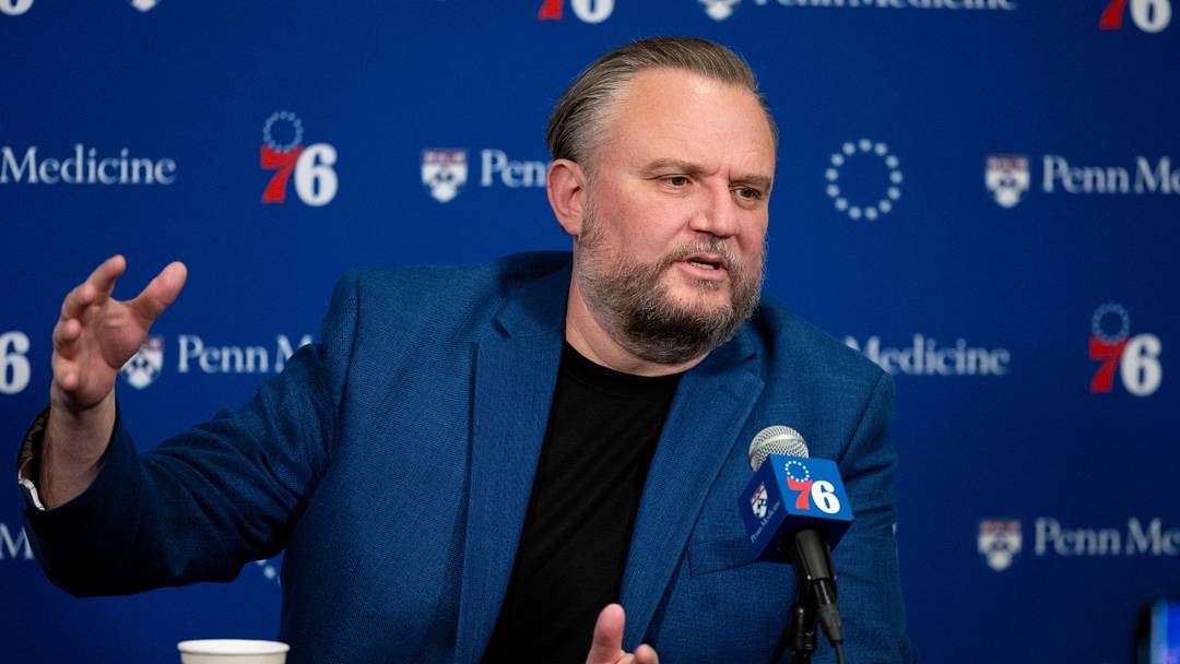 Dec 15, 2023; Philadelphia, Pennsylvania, USA; Philadelphia 76ers president of Basketball Operations Daryl Morey speaks with the media before a game against the Detroit Pistons at Wells Fargo Center. Mandatory Credit: Bill Streicher-Imagn Images