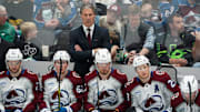 Apr 19, 2025; Dallas, Texas, USA; Colorado Avalanche head coach Jared Bednar looks on from the bench during the second period in game one of the first round of the 2025 Stanley Cup Playoffs against the Dallas Stars at American Airlines Center. Mandatory Credit: Raymond Carlin III-Imagn Images