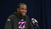 Notre Dame defensive back Benjamin Morrison speaks to the media at the 2025 NFL combine.