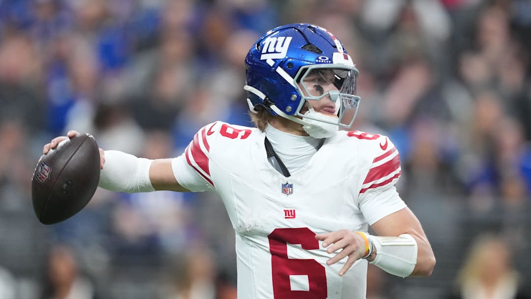 Dec 28, 2025; Paradise, Nevada, USA; New York Giants quarterback Jaxson Dart (6) looks to pass in the second quarter against the Las Vegas Raiders at Allegiant Stadium.  