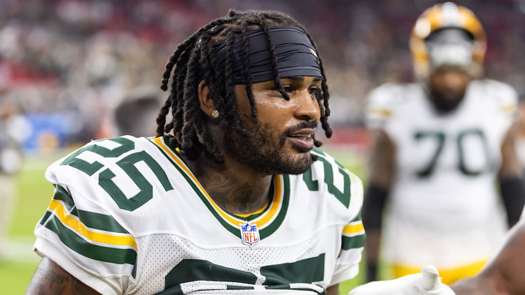 Oct 19, 2025; Glendale, Arizona, USA; Green Bay Packers cornerback Keisean Nixon (25) against the Arizona Cardinals at State Farm Stadium. Mandatory Credit: Mark J. Rebilas-Imagn Images