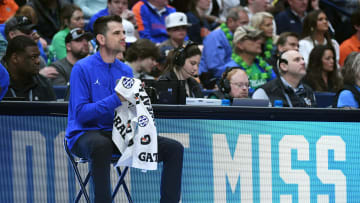 Mar 17, 2024; Nashville, TN, USA; Florida Gators head coach Todd Golden looks on in the second half against the Auburn Tigers in the SEC Tournament championship game at Bridgestone Arena. Mandatory Credit: Christopher Hanewinckel-USA TODAY Sports