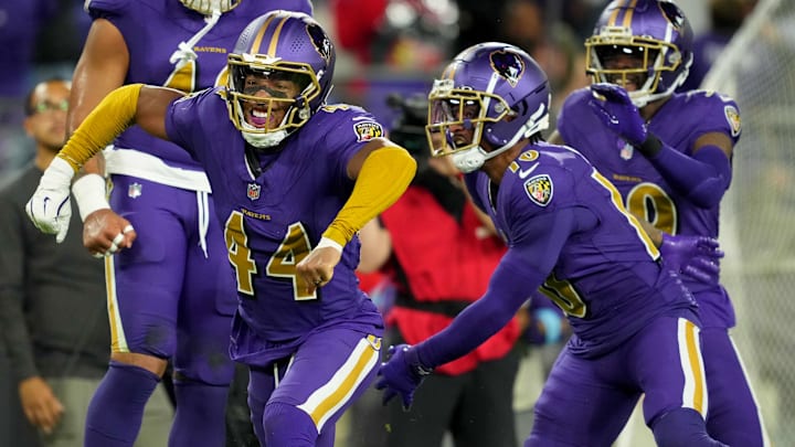 Nov 7, 2024; Baltimore, Maryland, USA; Baltimore Ravens cornerback Marlon Humphrey (44) reacts after forcing a fumble during third quarter against the Cincinnati Bengals at M&T Bank Stadium. Mandatory Credit: Mitch Stringer-Imagn Images