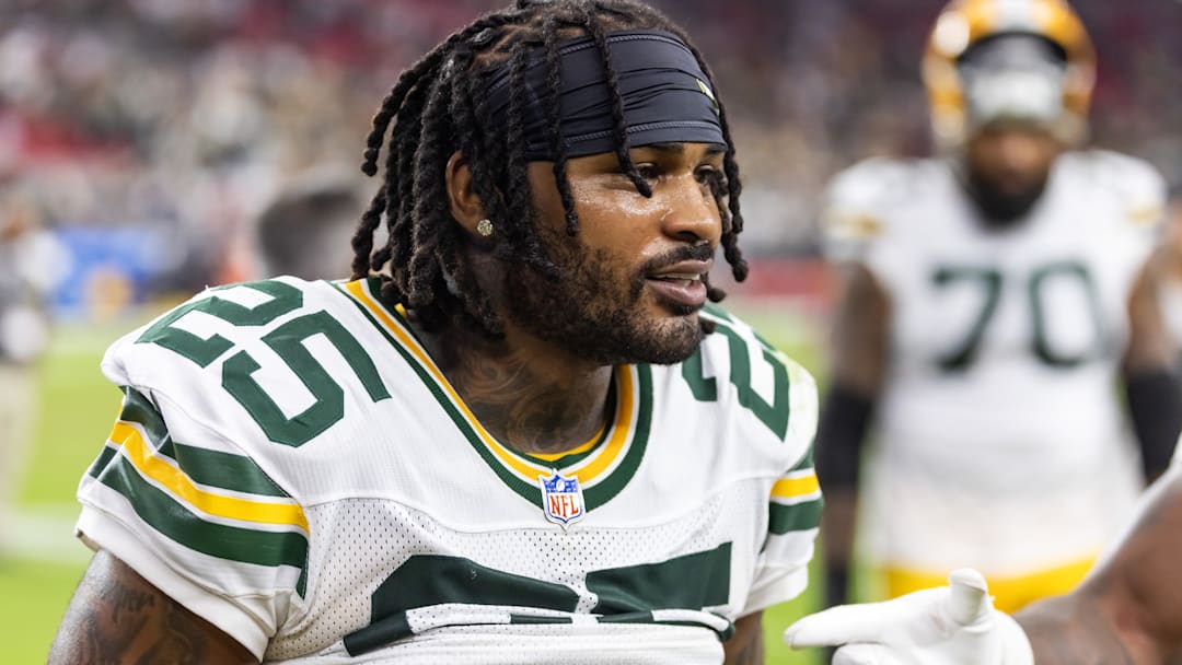 Oct 19, 2025; Glendale, Arizona, USA; Green Bay Packers cornerback Keisean Nixon (25) against the Arizona Cardinals at State Farm Stadium. 