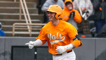 Tennessee's Levi Clark (30) smiles after hitting a three-run home run during a NCAA baseball game between Tennessee and Hofstra at Lindsey Nelson Stadium on Saturday, February 15, 2025.