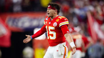 Feb 11, 2024; Paradise, Nevada, USA; Kansas City Chiefs quarterback Patrick Mahomes (15) reacts against the San Francisco 49ers during Super Bowl LVIII at Allegiant Stadium. Mandatory Credit: Mark J. Rebilas-USA TODAY Sports