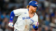 Jun 29, 2024; Toronto, Ontario, CAN; Toronto Blue Jays first base Justin Turner (2) runs to first base against the New York Yankees at Rogers Centre.