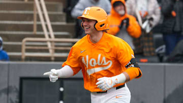 Tennessee's Levi Clark (30) smiles after hitting a three-run home run during a NCAA baseball game between Tennessee and Hofstra at Lindsey Nelson Stadium on Saturday, February 15, 2025.