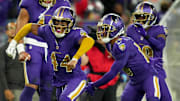 Nov 7, 2024; Baltimore, Maryland, USA; Baltimore Ravens cornerback Marlon Humphrey (44) reacts after forcing a fumble during third quarter against the Cincinnati Bengals at M&T Bank Stadium. Mandatory Credit: Mitch Stringer-Imagn Images