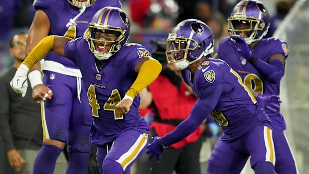 Baltimore Ravens cornerback Marlon Humphrey celebrates.