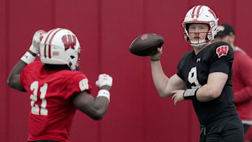 Wisconsin quarterback Billy Edwards Jr. (9) is shown during spring football practice Thursday, April 3, 2025 in Madison, Wisconsin. Mark Hoffman/Milwaukee Journal Sentinel