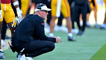 Sep 6, 2025; Los Angeles, California, USA; USC Trojans head coach Lincoln Riley looks on during the second half at United Airlines Field at the Los Angeles Memorial Coliseum. Mandatory Credit: Jayne Kamin-Oncea-Imagn Images