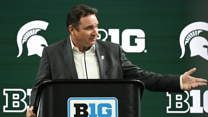 Jul 24, 2024; Indianapolis, IN, USA;  Michigan State Spartans head coach Jonathan Smith speaks to the media during the Big 10 football media day at Lucas Oil Stadium. Mandatory Credit: Robert Goddin-USA TODAY Sports