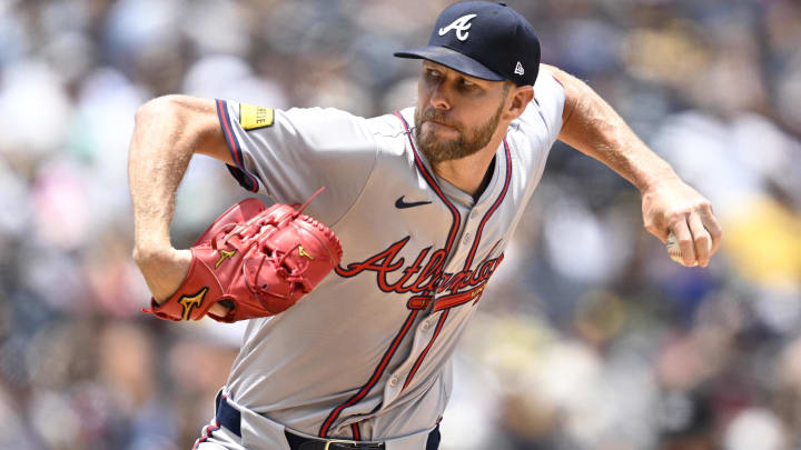 Jul 14, 2024; San Diego, California, USA; Atlanta Braves starting pitcher Chris Sale (51) pitches against the San Diego Padres during the first inning at Petco Park. Mandatory Credit: Orlando Ramirez-USA TODAY Sports