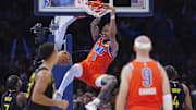 Nov 11, 2025; Oklahoma City, Oklahoma, USA; Oklahoma City Thunder forward Jaylin Williams (6) dunks against the Golden State Warriors during the second half at Paycom Center. Mandatory Credit: Alonzo Adams-Imagn Images