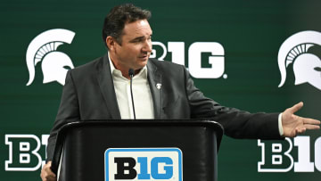 Jul 24, 2024; Indianapolis, IN, USA;  Michigan State Spartans head coach Jonathan Smith speaks to the media during the Big 10 football media day at Lucas Oil Stadium. Mandatory Credit: Robert Goddin-USA TODAY Sports