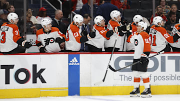 Sep 22, 2024; Washington, District of Columbia, USA; Philadelphia Flyers forward Bobby Brink (10) celebrates with teammates after scoring a goal against the Washington Capitals in the first period at Capital One Arena. Mandatory Credit: Geoff Burke-Imagn Images