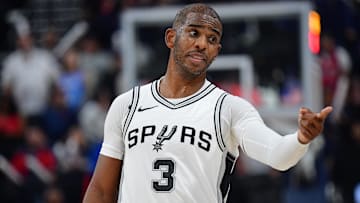Nov 4, 2024; Inglewood, California, USA; San Antonio Spurs guard Chris Paul (3) reacts during the second half at Intuit Dome. Mandatory Credit: Gary A. Vasquez-Imagn Images