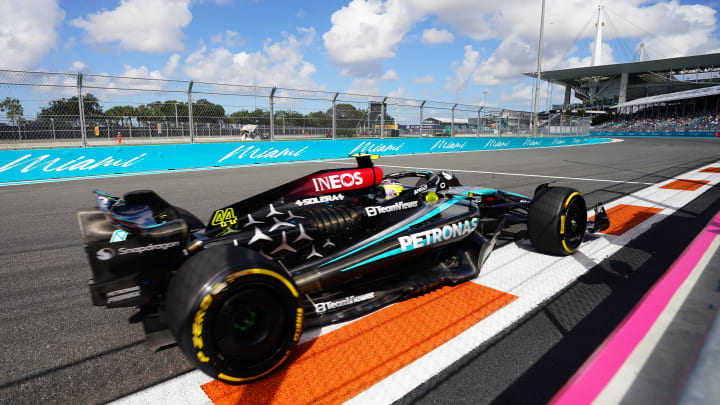 May 3, 2024; Miami Gardens, Florida, USA; Mercedes driver Lewis Hamilton (44) races out of turn 17 during F1 Sprint Qualifying at Miami International Autodrome. Mandatory Credit: John David Mercer-USA TODAY Sports