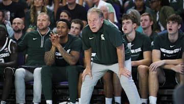 Nov 25, 2025; Fort Myers, Florida, USA; Michigan State Spartans head coach Tom Izzo looks on against the East Carolina Pirates in the first half at Suncoast Credit Union Arena. Mandatory Credit: Nathan Ray Seebeck-Imagn Images