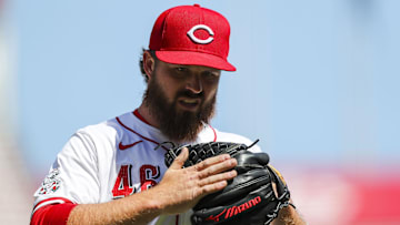 Apr 25, 2024; Cincinnati, Ohio, USA; Cincinnati Reds relief pitcher Buck Farmer (46) reacts after a play in the ninth inning against the Philadelphia Phillies at Great American Ball Park. Mandatory Credit: Katie Stratman-Imagn Images