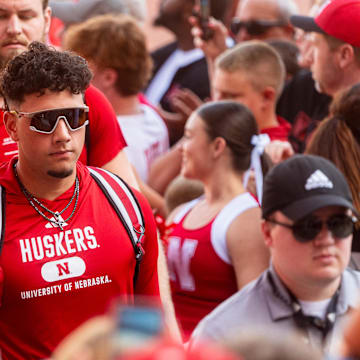 Sep 7, 2024; Lincoln, Nebraska, USA; Nebraska Cornhuskers quarterback Dylan Raiola (15) leads the team into the facilities before the game against the Colorado Buffaloes at Memorial Stadium.