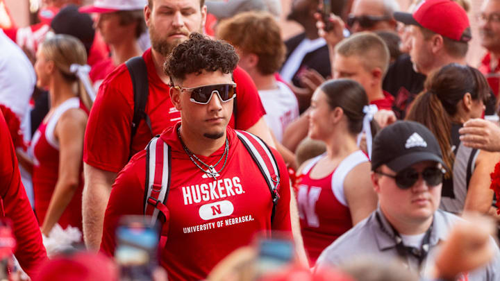 Sep 7, 2024; Lincoln, Nebraska, USA; Nebraska Cornhuskers quarterback Dylan Raiola (15) leads the team into the facilities before the game against the Colorado Buffaloes at Memorial Stadium.