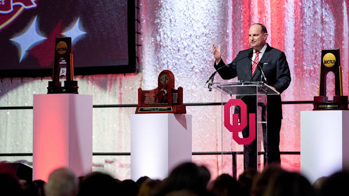 Athletic director Joe Castiglione speaks during an NCAA championship celebration for OU gymnastics. Athletic director Joe Castiglione speaks during an NCAA championship celebration for OU gymnastics.