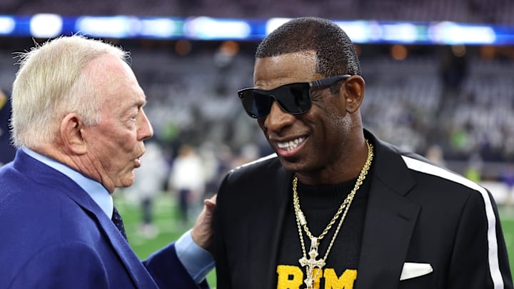 Nov 30, 2023; Arlington, Texas, USA; Colorado Buffaloes head coach Deion Sanders (right) talks with Dallas Cowboys owner Jerry Jones before the game against the Seattle Seahawks at AT&T Stadium. Nov 30, 2023; Arlington, Texas, USA; Colorado Buffaloes head coach Deion Sanders (right) talks with Dallas Cowboys owner Jerry Jones before the game against the Seattle Seahawks at AT&T Stadium.
