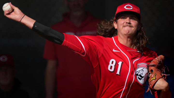 Feb 16, 2024; Goodyear, AZ, USA; Cincinnati Reds non-roster invitee pitcher Rhett Lowder (81) throws in the bullpen during spring training workouts. Mandatory Credit: Kareem Elgazzar/The Enquirer-USA TODAY Sports