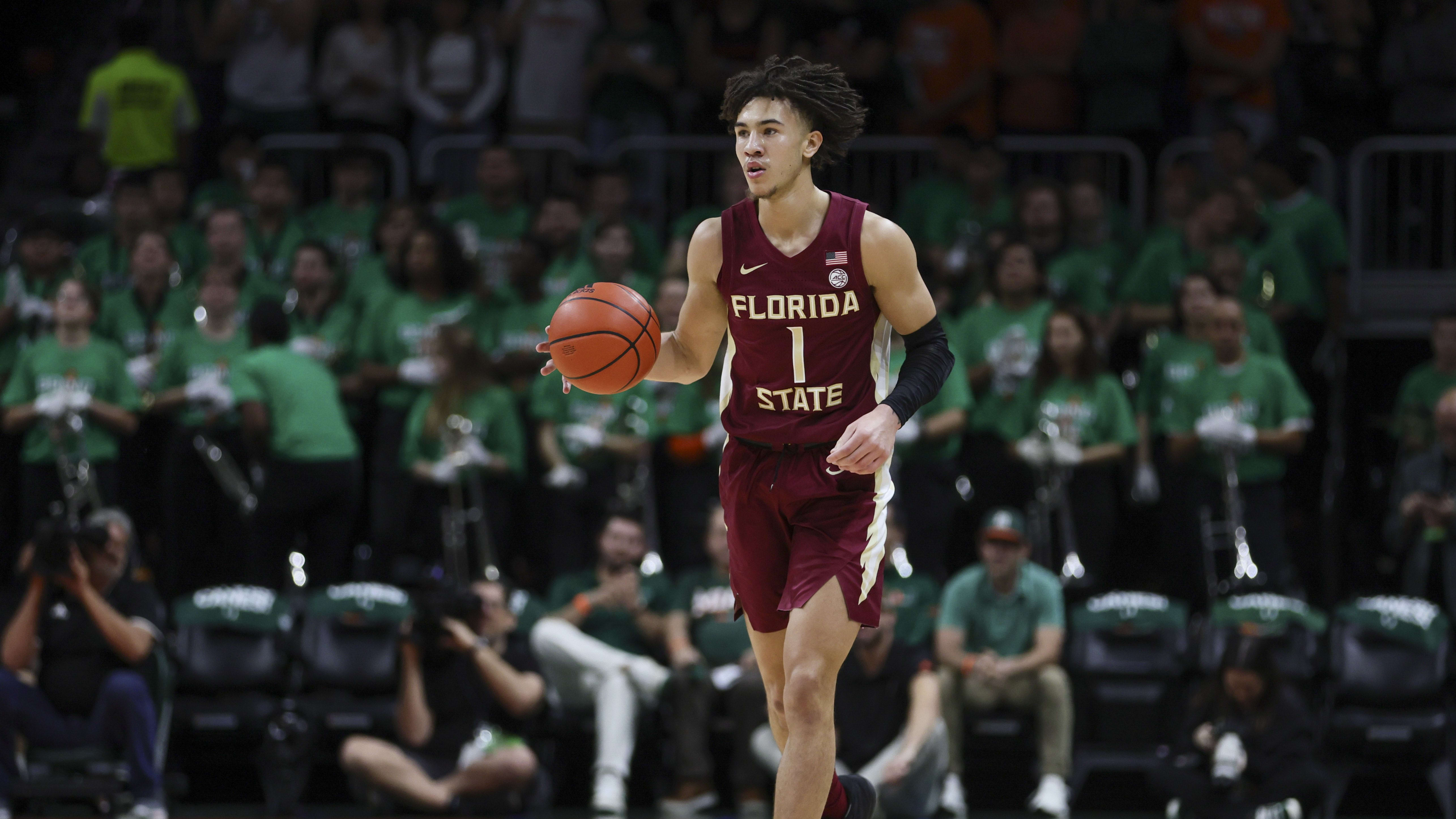 Jalen Warley handles the ball during the Florida State men's basketball game against Miami at Watsco Center. 