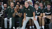 Nov 25, 2025; Fort Myers, Florida, USA; Michigan State Spartans head coach Tom Izzo looks on against the East Carolina Pirates in the first half at Suncoast Credit Union Arena. Mandatory Credit: Nathan Ray Seebeck-Imagn Images