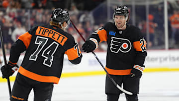 Apr 12, 2025; Philadelphia, Pennsylvania, USA; Philadelphia Flyers left wing Jakob Pelletier (22) reacts after scoring a goal against the New York Islanders in the third period at Wells Fargo Center. Mandatory Credit: Kyle Ross-Imagn Images