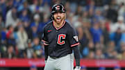 May 3, 2025; Toronto, Ontario, CAN; Cleveland Guardians second baseman Daniel Schneemann (10) celebrates hitting a grand slam hone run against the Toronto Blue Jays at during the ninth inning at Rogers Centre. Mandatory Credit: Nick Turchiaro-Imagn Images